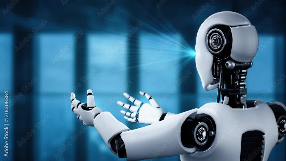 Poster ai hominoid robot holding virtual hologram screen showing concept of big data analytic using artific
