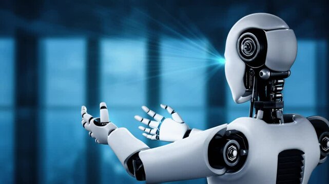 AI hominoid robot holding virtual hologram screen showing concept of big data analytic using artificial intelligence thinking by machine learning process. 3D rendering.
