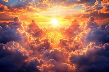 Fototapeta premium Majestic sunrise illuminating a vibrant sky filled with clouds, creating a serene and uplifting atmosphere