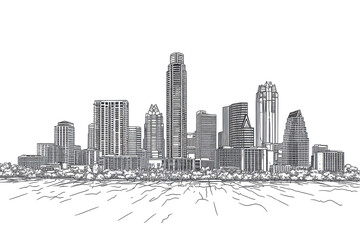 Austin Texas Skyline Sketch Black and White Cityscape