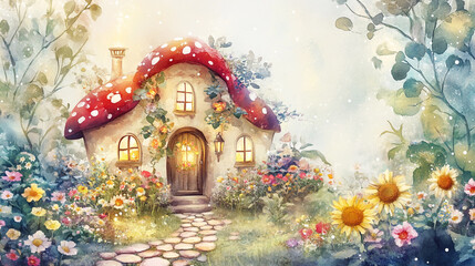 Obraz premium Fairytale mushroom house in a mysterious forest land, A magical village features an enchanted cottage adorned with bountiful flowers, abstract background with colorful flowers and house.