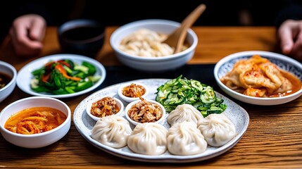 Korean food concept. A beautifully arranged platter of dumplings with various side dishes, showcasing vibrant colors and textures in a cozy dining setting.