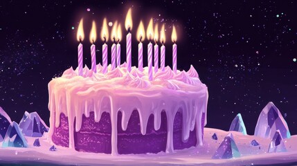 A cosmic purple birthday cake with lit candles