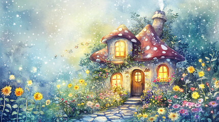 Fairytale mushroom house in a mysterious forest land, A magical village features an enchanted cottage adorned with bountiful flowers, abstract background with colorful flowers and house.