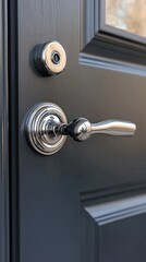 Obraz premium A sleek silver door handle captures attention against a dark gray door frame. Its polished finish reflects light beautifully, creating a modern and sophisticated ambiance worthy of any entrance