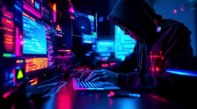 A hacker wearing a hoodie typing rapidly on a keyboard in a dark room