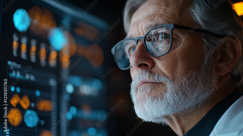 Aufkleber an experienced doctor with glasses studies complex medical data on a screen, showcasing his expertis