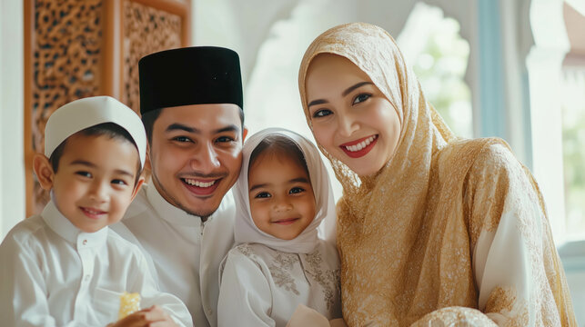 Happy muslim family smiling together in traditional clothing
