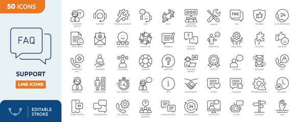 Support line editable icon set. Containing technical support, helpline, call center, mutual aid, service, help, hotline, assistance and more. Vector illustration