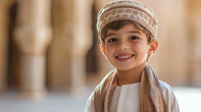 Portrait of smiling omani boy wearing traditional kumma and dishdasha