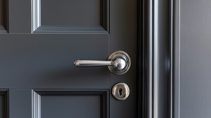Elegant silver door handle shines against a dark gray background, inviting curiosity about the space beyond. Its sleek design hints at modern sophistication and functionality