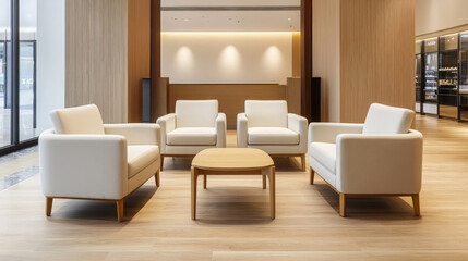 modern seating area in mall featuring four white armchairs and wooden coffee table, creating serene and inviting atmosphere for relaxation