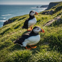 Two puffins resting on a grassy cliff by the ocean.