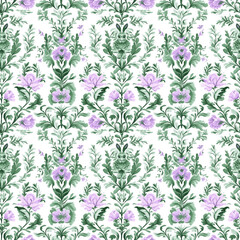 Fototapeta premium Floral patterned design in green and lavender hues suitable for textile and wallpaper applications