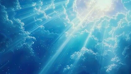 The blue sky is filled with rays of light shining down