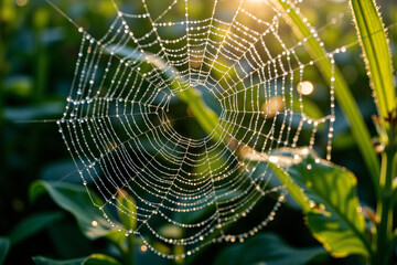 The dew on the spider's web, where the morning beads form tiny pearls, reflects the sun. Capturing the exquisite beauty of dew glinting in the morning light showcases the art of nature.