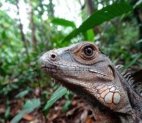 Obraz premium Majestic Green Iguana Portrait in Lush Tropical Rainforest Habitat