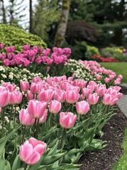 Vibrant Pink Tulips Bloom in a Lush Spring Garden Landscape