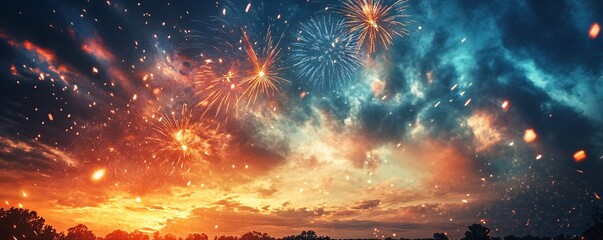 Colorful fireworks exploding in the dramatic sunset sky
