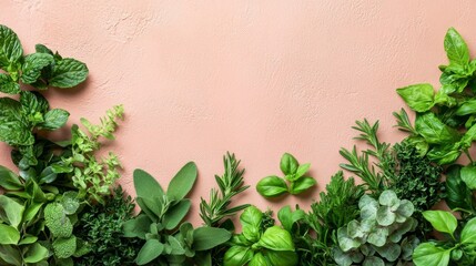Assortment of Fresh Culinary Herbs on Pink Background