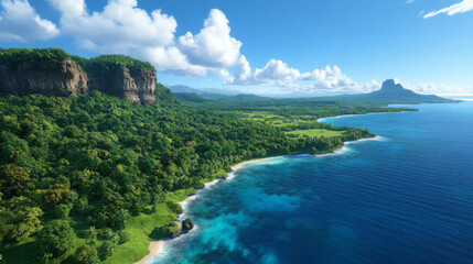 sweeping aerial view of lush coastline with vibrant greenery, clear blue waters, and dramatic cliffs under bright sky. This serene landscape evokes sense of tranquility and natural beauty