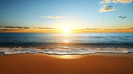 Obraz premium tranquil beach scene with sun setting over calm ocean waves, creating serene atmosphere. golden sand meets gentle surf, inviting relaxation and peace