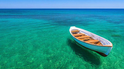 Naklejka premium serene coastal scene featuring small white boat floating in crystal clear turquoise waters, surrounded by tranquil ocean landscape