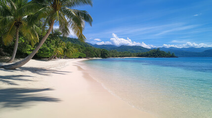 tropical white sandy beach with swaying palm trees and clear blue water creates serene paradise. vibrant landscape invites relaxation and enjoyment of nature beauty