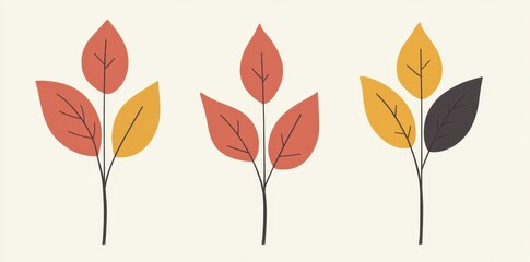 Three stylized autumn leaf sprigs in orange yellow and brown