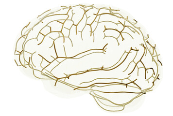 Golden Brain Network: Wireframe Art - An abstract artwork depicting the human brain as a golden wireframe structure, showcasing the intricate network of neural connections.