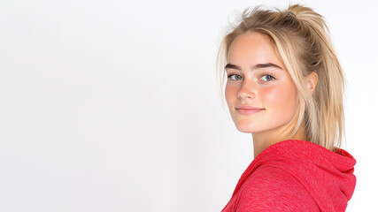 Fototapeta premium Blond happy woman wearing red apparel smiling isolated on white background