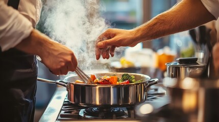 A man is cooking food in a pan