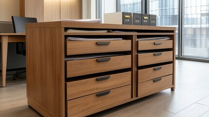 well organized wooden filing cabinet with multiple drawers, showcasing modern office environment. natural wood finish adds warmth to workspace, enhancing productivity and efficiency