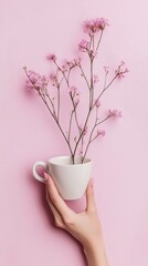 Woman holding white cup with pink flowers on pink background