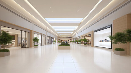 Obraz premium wide angle view of busy mall interior featuring modern architecture, bright lighting, and greenery. spacious layout invites shoppers to explore various stores and enjoy vibrant atmosphere