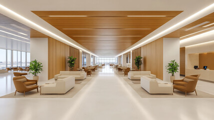 modern airport lounge featuring spacious seating areas, wooden accents, and large windows. inviting atmosphere is perfect for relaxation before flights