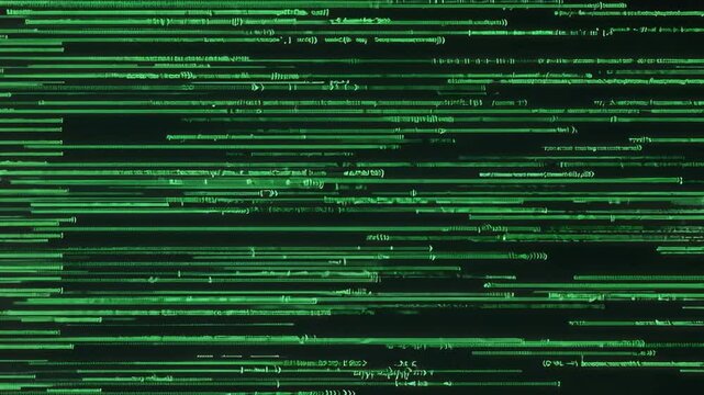 Abstract Glitch: A dynamic abstract background features green lines of digital code scrolling rapidly across a black canvas. The lines shimmer and pulse with energy.