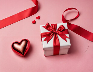 Valentine's Day flat lay composition with gift boxes wrapped in heart-patterned paper and red ribbons, surrounded by red flowers and heart-shaped decorations on pink background. Love, romance concept