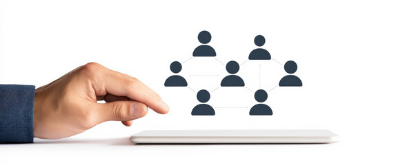 A hand interacts with a digital platform displaying icons of people, symbolizing networking, collaboration, or social connections.