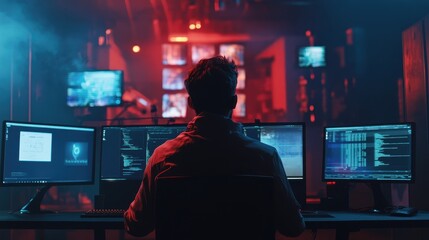 Obraz premium A man is sitting in front of a computer with four monitors