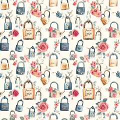 Fototapeta premium Colorful pattern of love locks and roses adorned with delicate flowers creating a romantic atmosphere for all occasions