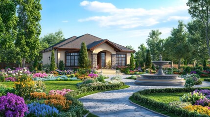 Fototapeta premium Luxury Ranch House with Lush Garden and Fountain