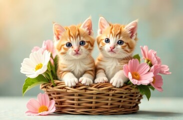 Two funny ginger striped kittens sit in a brown basket with spring flowers on a light pastel background .