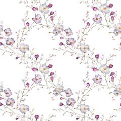 Floral pattern design featuring delicate white and purple flowers on a light background suitable for fabric or wallpaper