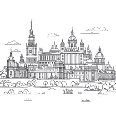 Fototapeta premium Santiago de Compostela Cathedral complex architectural sketch black and white illustration
