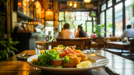 Obraz premium Atmospheric Cafe Interior with Chicken Wings and Bread Ad Campaign, Warm and Friendly Dining Scene