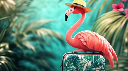 Flamingo on suitcase, tropical vacation, palm leaves background, travel imagery
