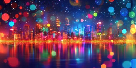 Fototapeta premium Vibrant Cityscape Reflecting in Night Water