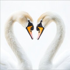 Obraz premium Elegant Swans Forming Heart Shapes Symbolizing Love and Romance Against a Soft White Background