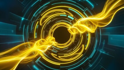 Abstract Futuristic Tech Background Yellow Blue Neon Glowing Lines